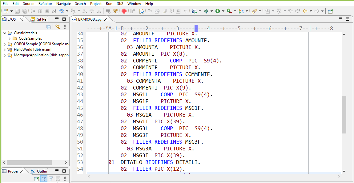 IBM Developer for z/OS workbench with a COBOL copybook open in the LPEX editor, the column ruler, and the z/OS Projects view